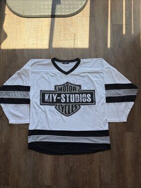 Men's V-Neck Hockey Jersey Sweater - White with Black Accents. Fits like a XXL